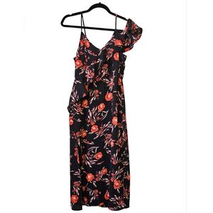 LNC Lush Spaghetti Strap Floral Midi Dress with One Shoulder Ruffle Sleeve